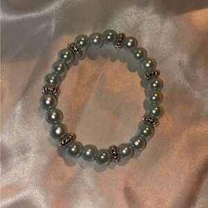 Pearl Bead Stretch Bracelet in Light Blue with Silver Accents